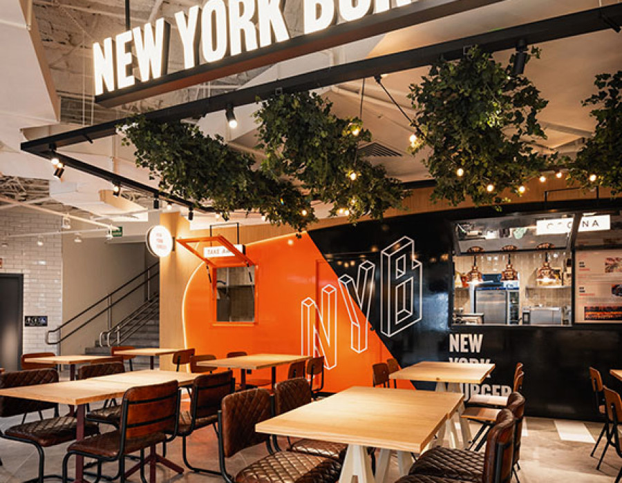 New York Burger Preciados, mesas y luminoso, NYB